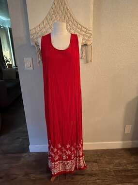 Vtg ACCESS Red Rayon Sleeveless Floral Border Print Maxi Dress
